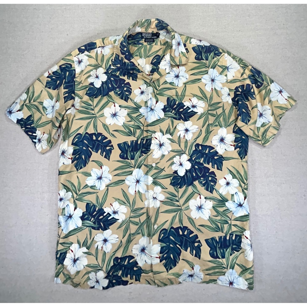 VINTAGE POLO Ralph Lauren Men's Medium‎ LOOP COLLAR Hawaiian Camp Shirt Aloha